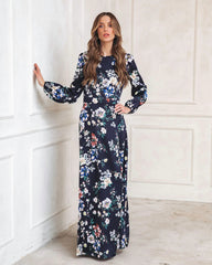 Navy Floral Long Sleeves Maxi Dress