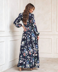 Navy Floral Long Sleeves Maxi Dress