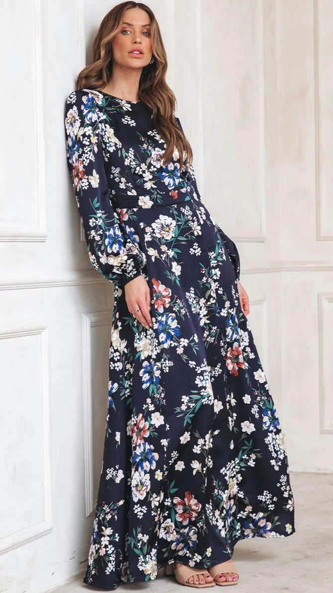 Navy Floral Long Sleeves Maxi Dress