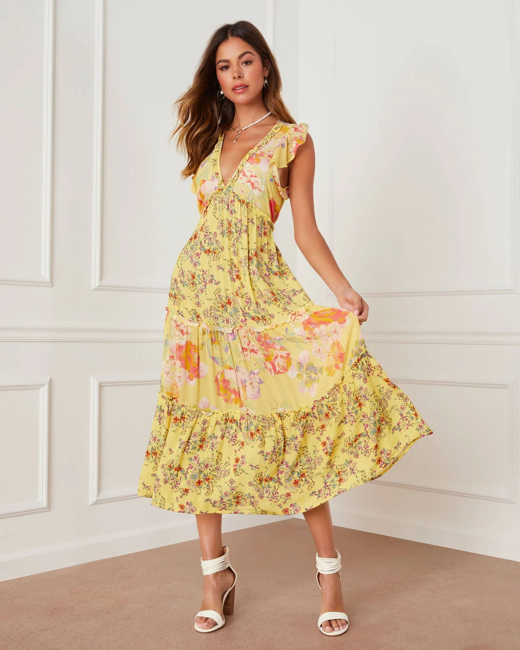 Yellow Floral V Neck Midi Dress