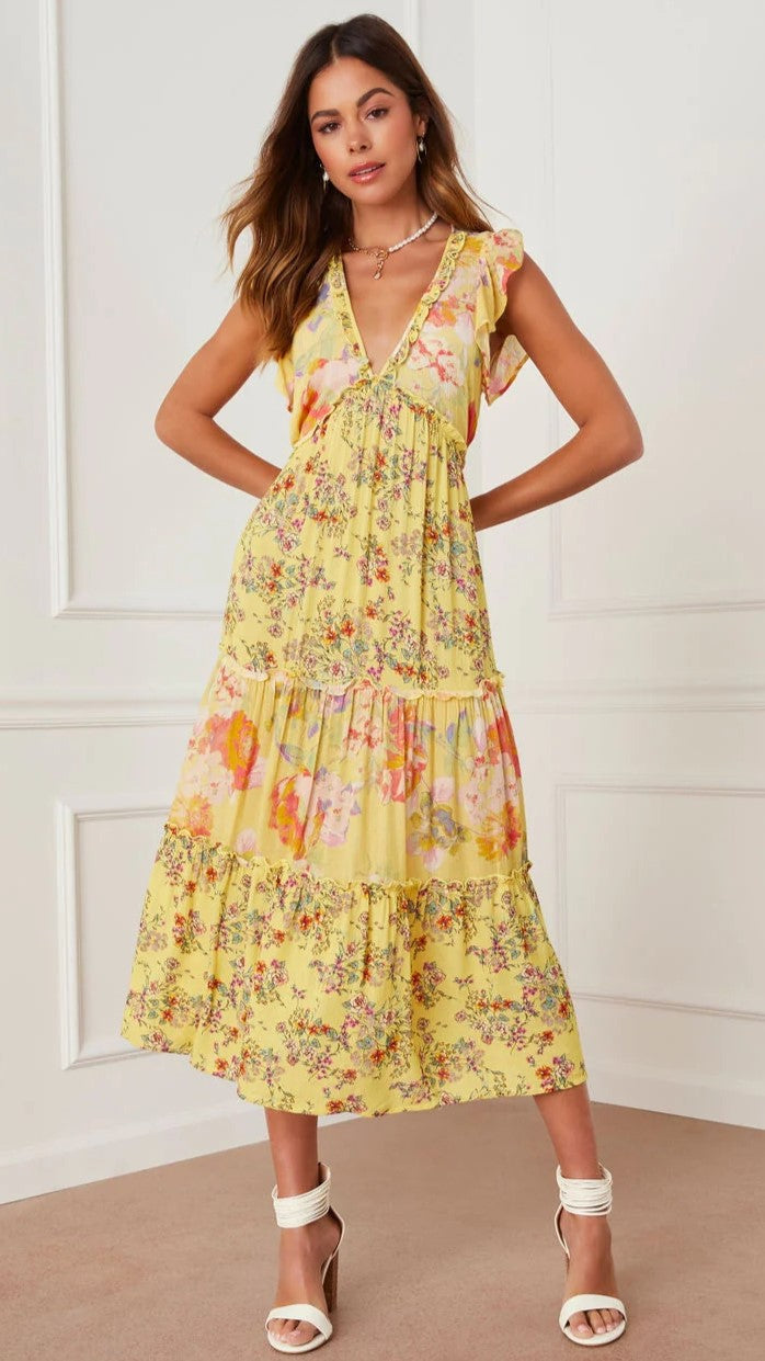 Yellow Floral V Neck Midi Dress