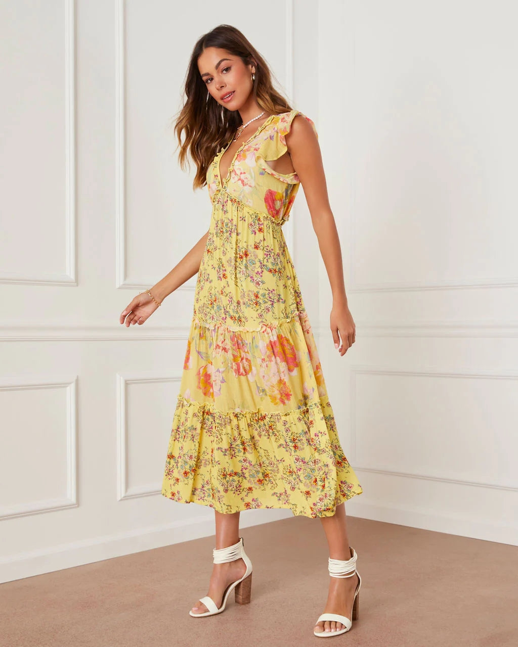 Yellow Floral V Neck Midi Dress