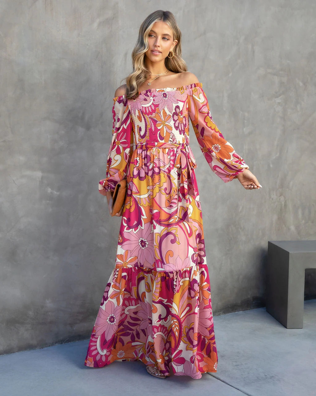 Fuschia Floral Long Sleeves Maxi Dress