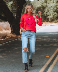 Red Smiley Face Print Knit Sweater