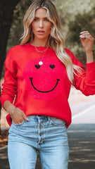 Red Smiley Face Print Knit Sweater