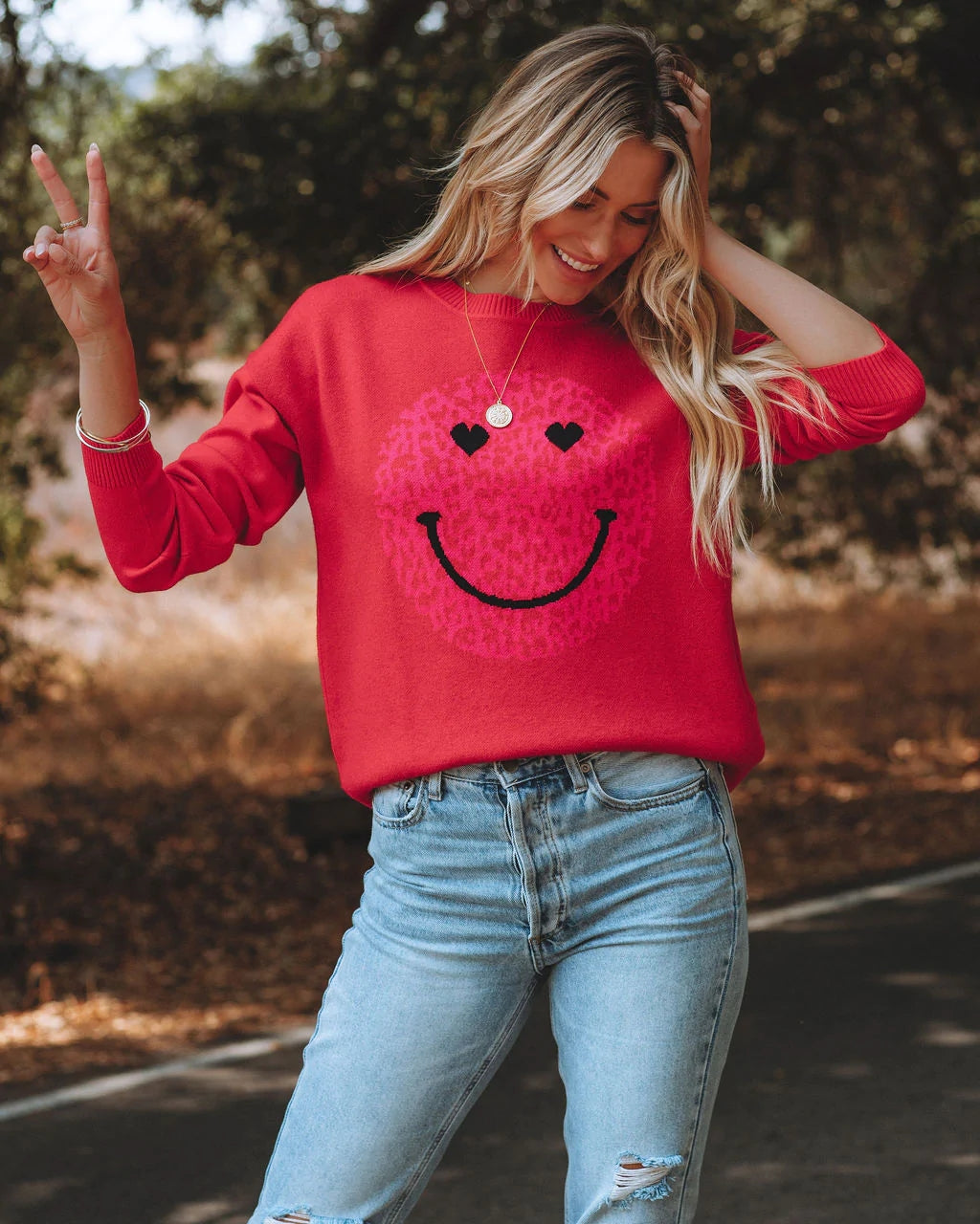 Red Smiley Face Print Knit Sweater