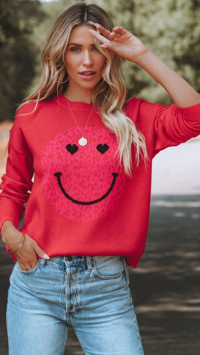 Red Smiley Face Print Knit Sweater