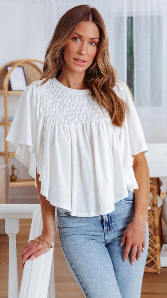 White Smocked Wide Sleeves Top