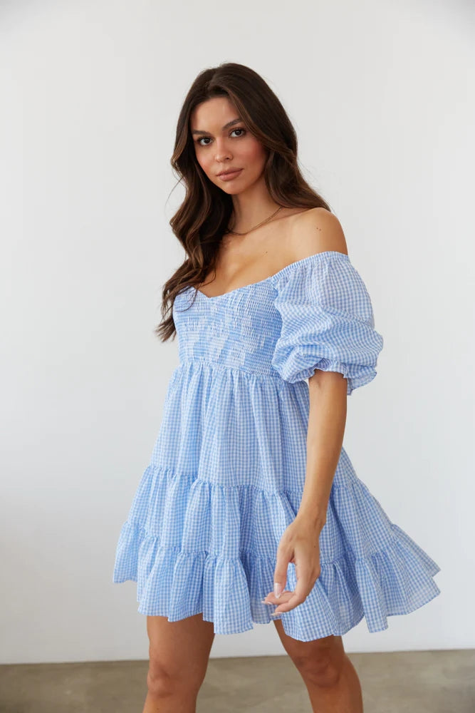 Blue Plaid Babydoll Mini Dress