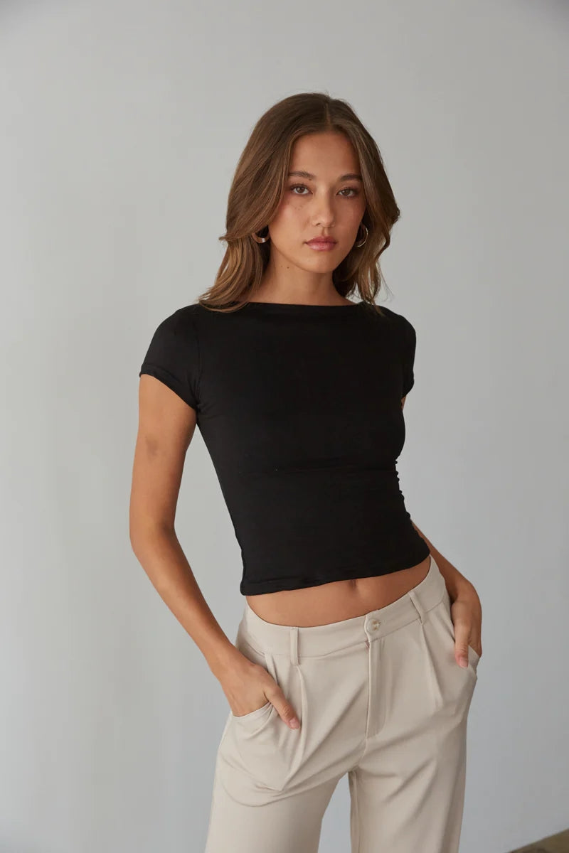 Black Solid Knit Crop Top