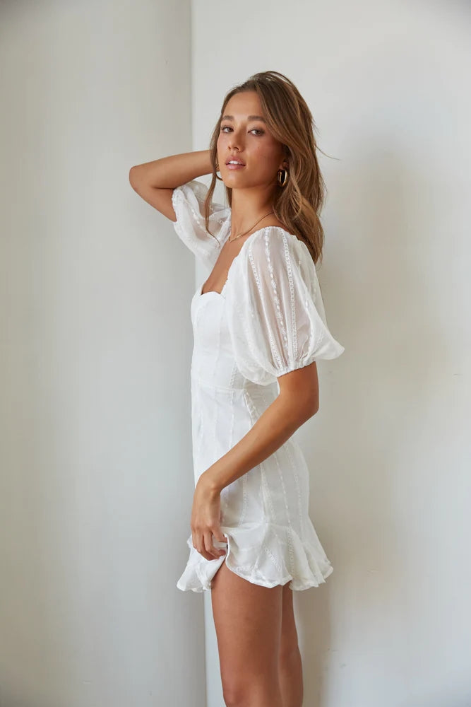 White Puff Sleeves Mini Dress