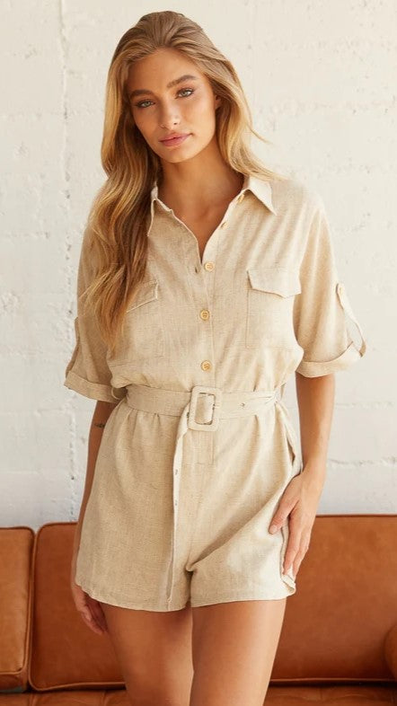 Beige Belted Solid Rompers