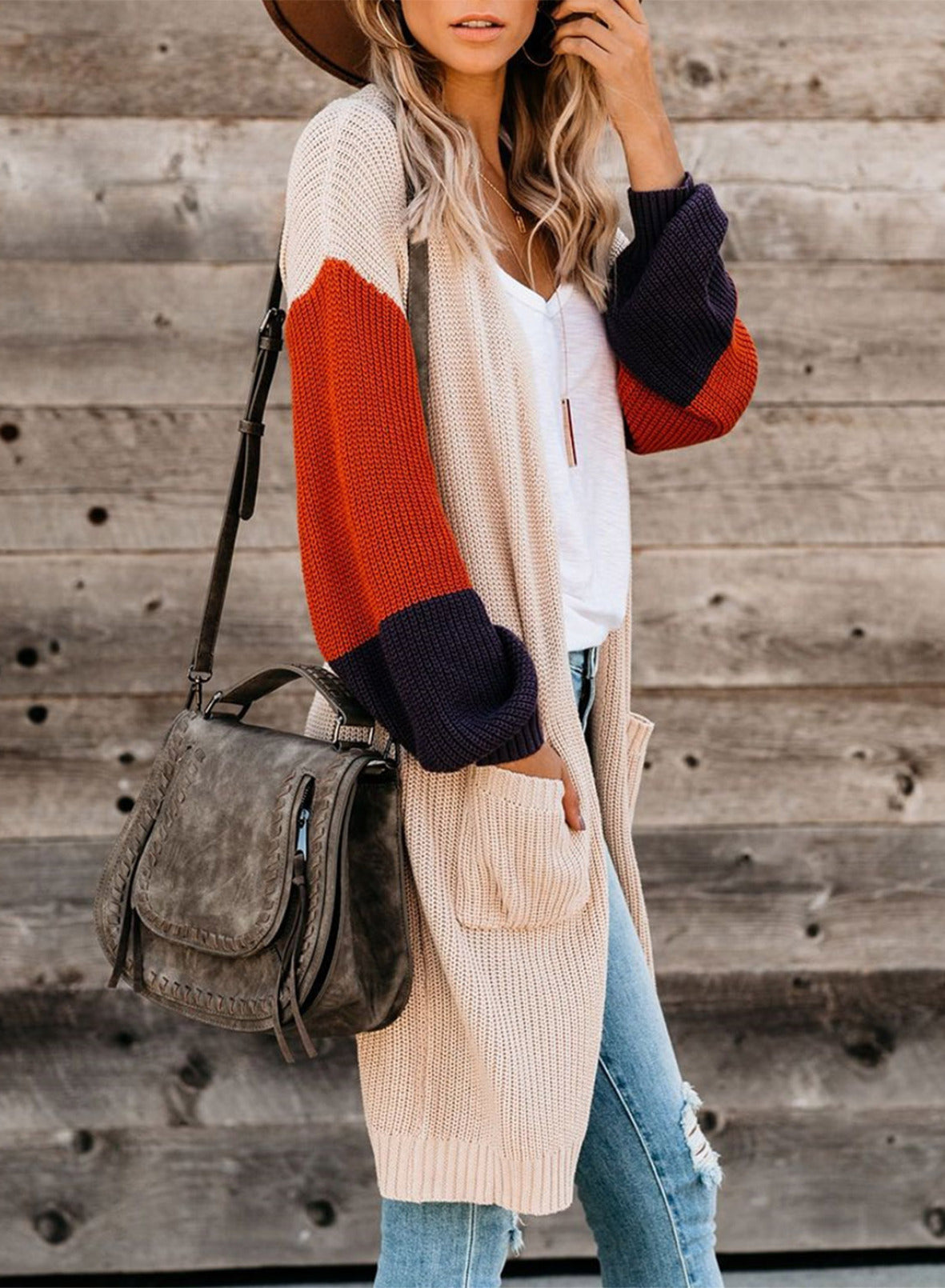 Color Block Knit Long Cardigan