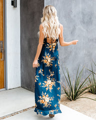 Navy Floral Backless Wrap Dress