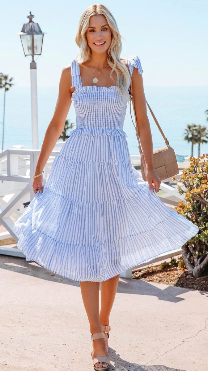 Blue Striped Shoulder Tie Midi Dress