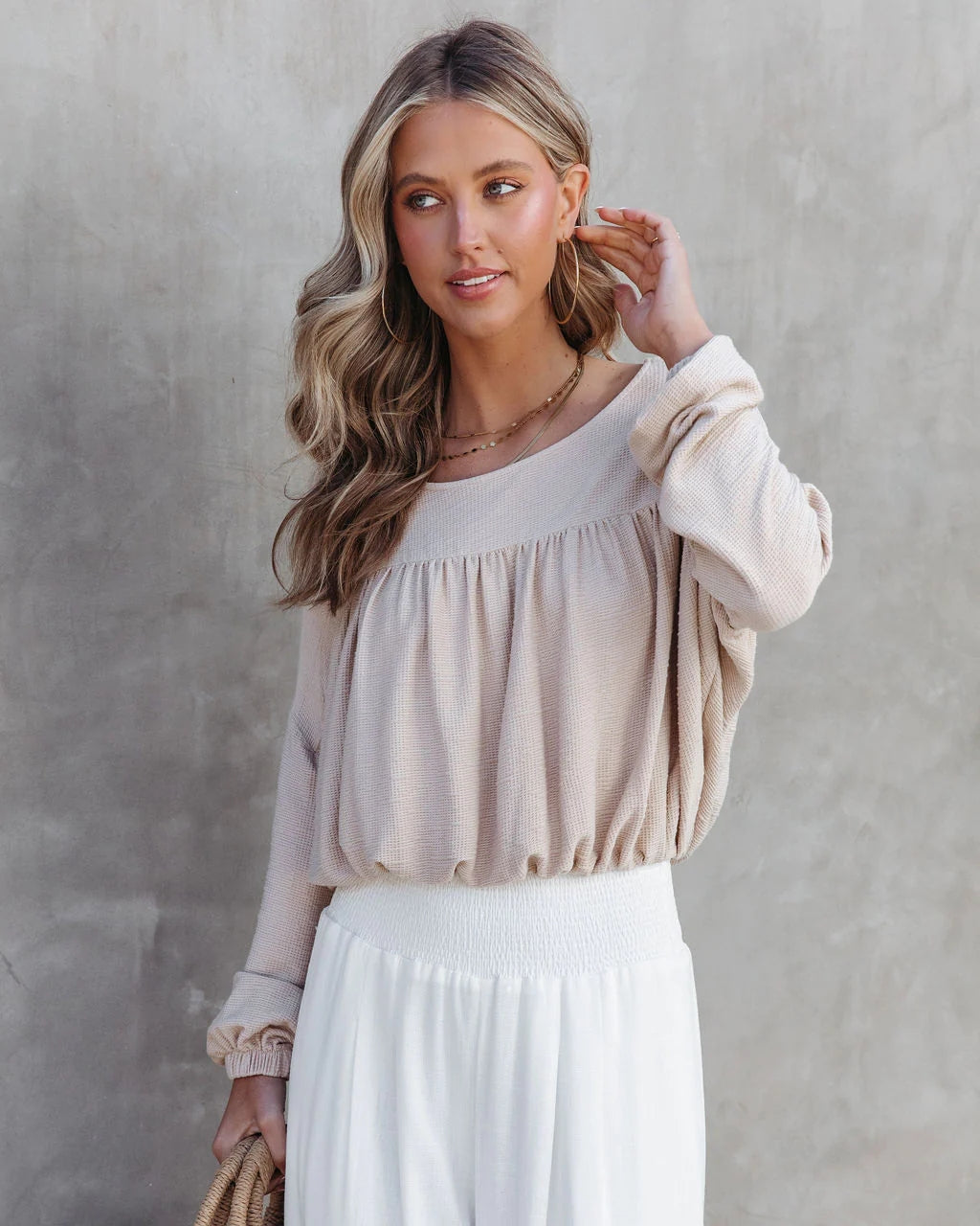 Taupe Pleated Long Sleeves Top