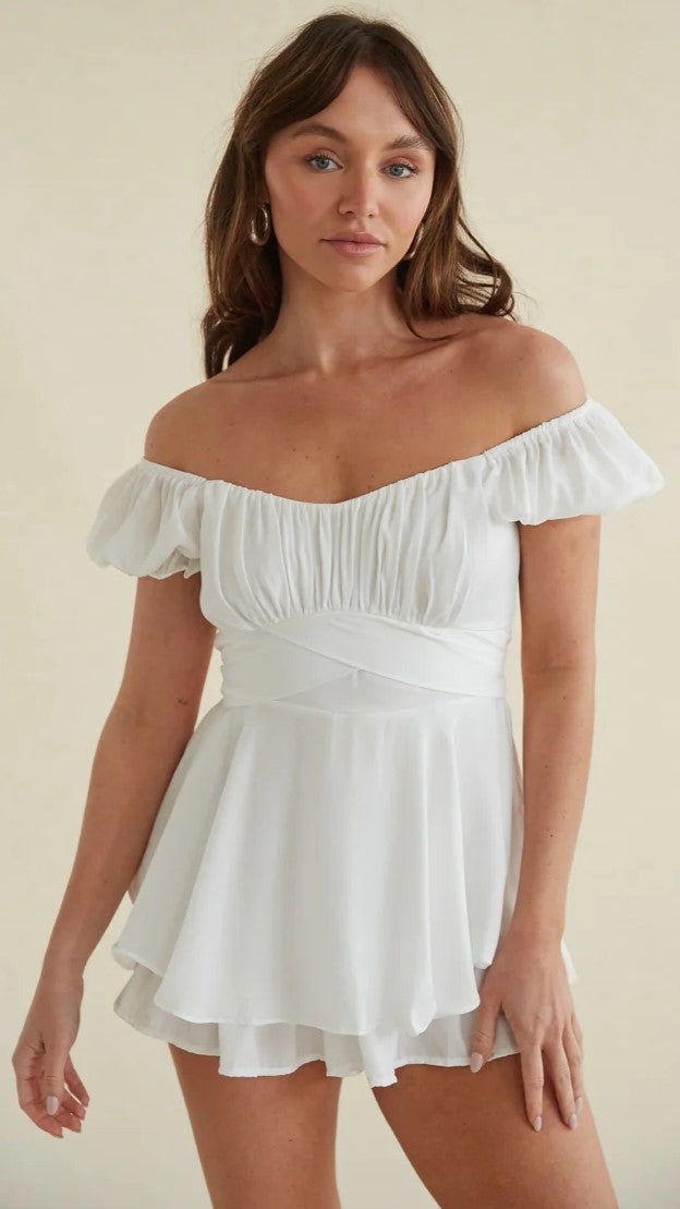 White Off Shoulder Wrap Rompers