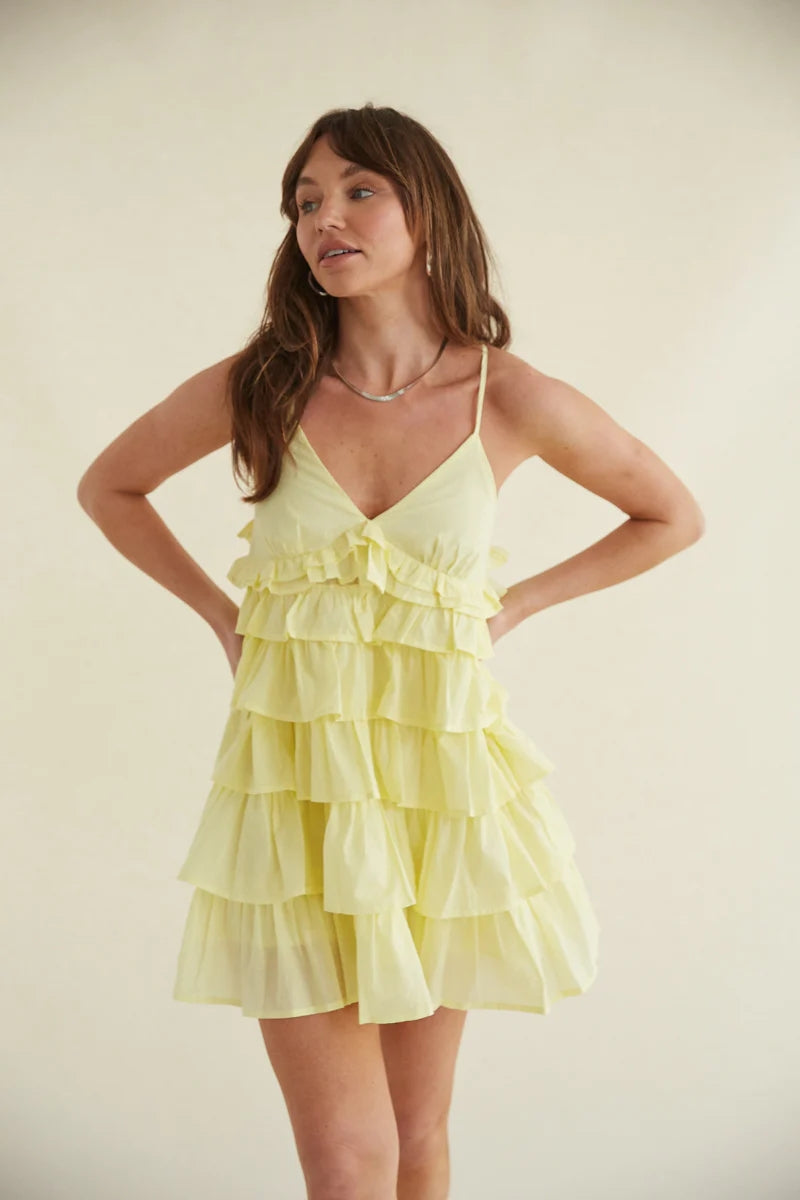 Yellow Tiered Slip Mini Dress