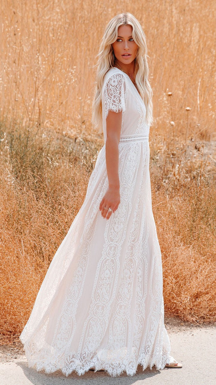 Beige Crochet Lace Maxi Dress