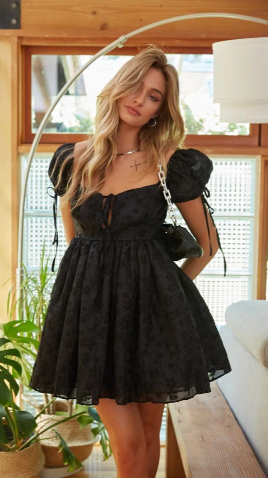 Black Textured Babydoll Mini Dress