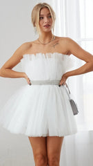 White Strapless Bandeau Tulle Mini Dress