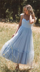 Blue Shouder Tie Tulle Midi Dress