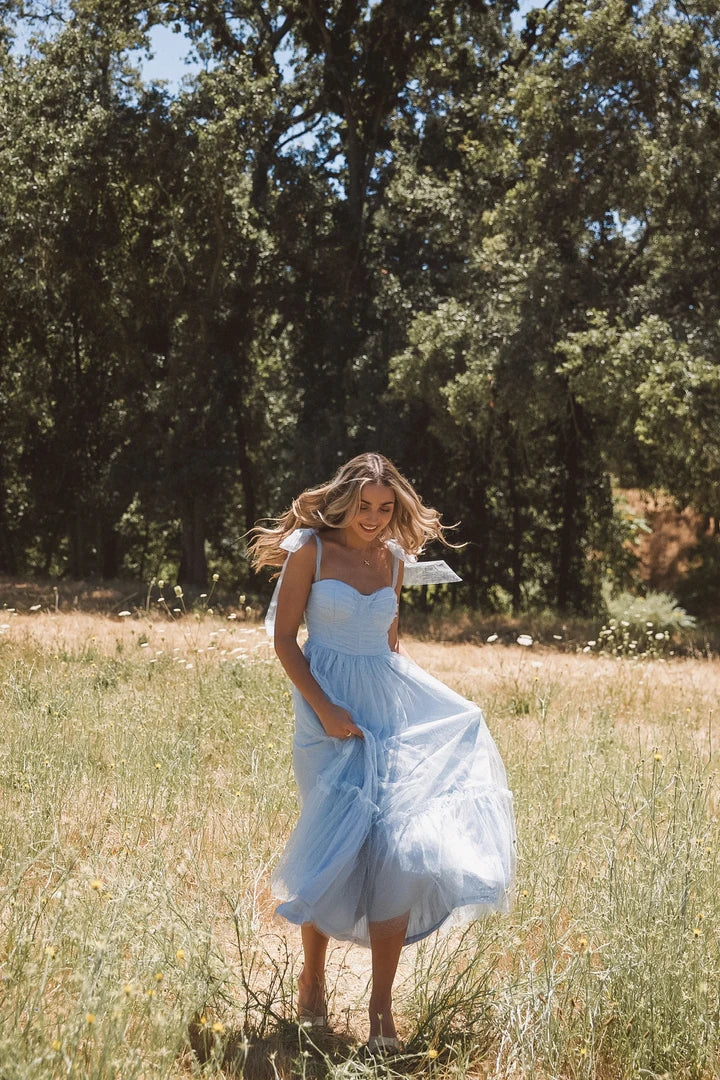 Blue Shouder Tie Tulle Midi Dress