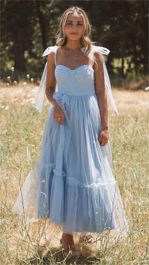 Blue Shouder Tie Tulle Midi Dress