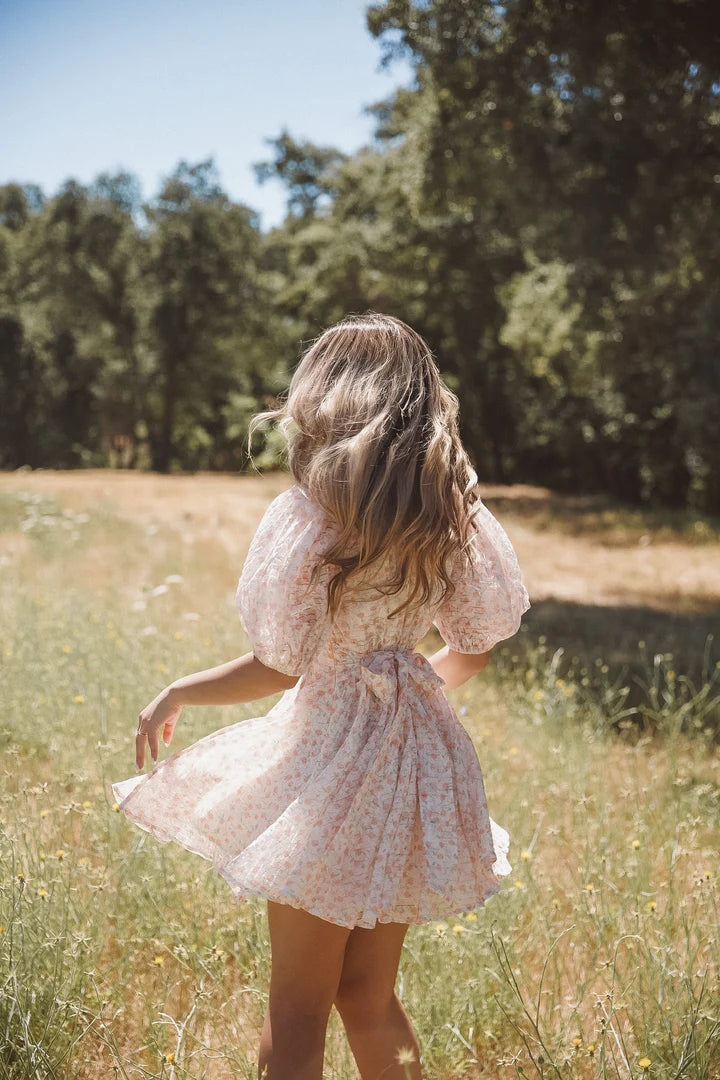 Pink Floral Waist Tie Mini Dress