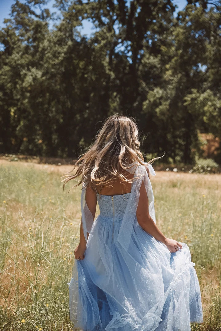 Blue Shouder Tie Tulle Midi Dress