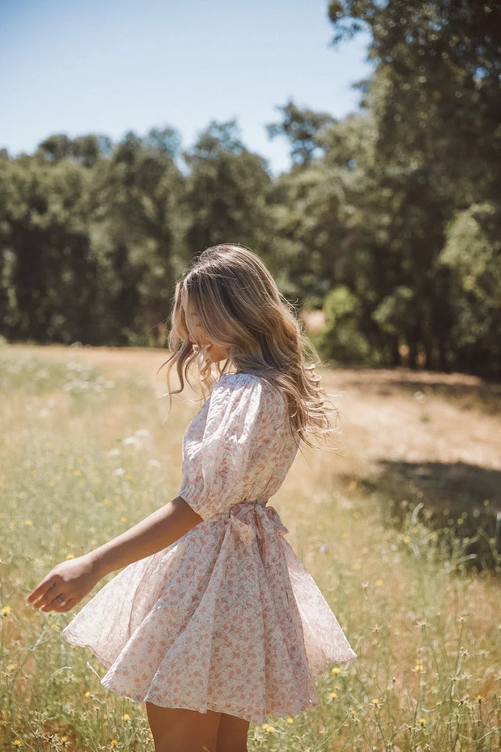 Pink Floral Waist Tie Mini Dress