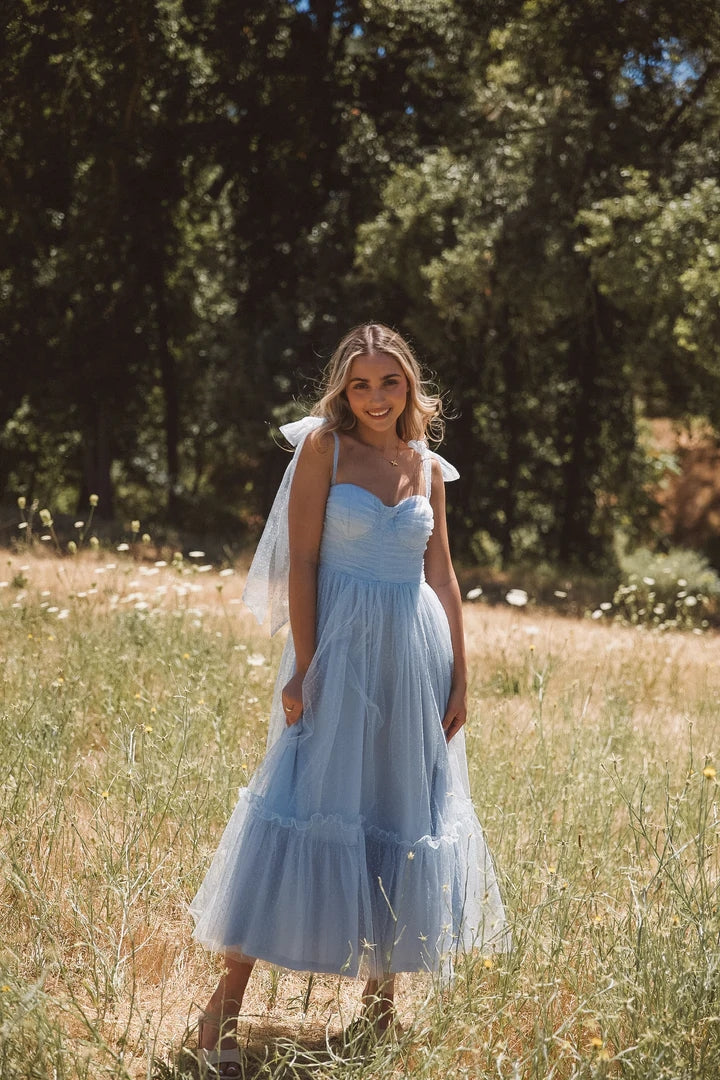 Blue Shouder Tie Tulle Midi Dress