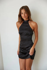 Black Satin Sleeveless Halter Mini Dress