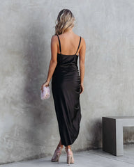 Black Pleated Slip Satin Midi Dress