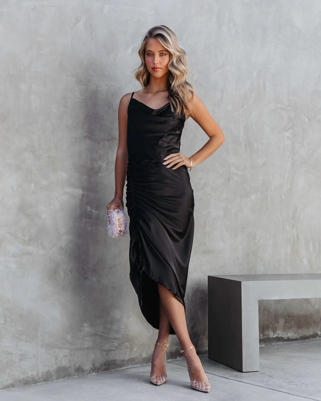 Black Pleated Slip Satin Midi Dress