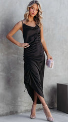 Black Pleated Slip Satin Midi Dress