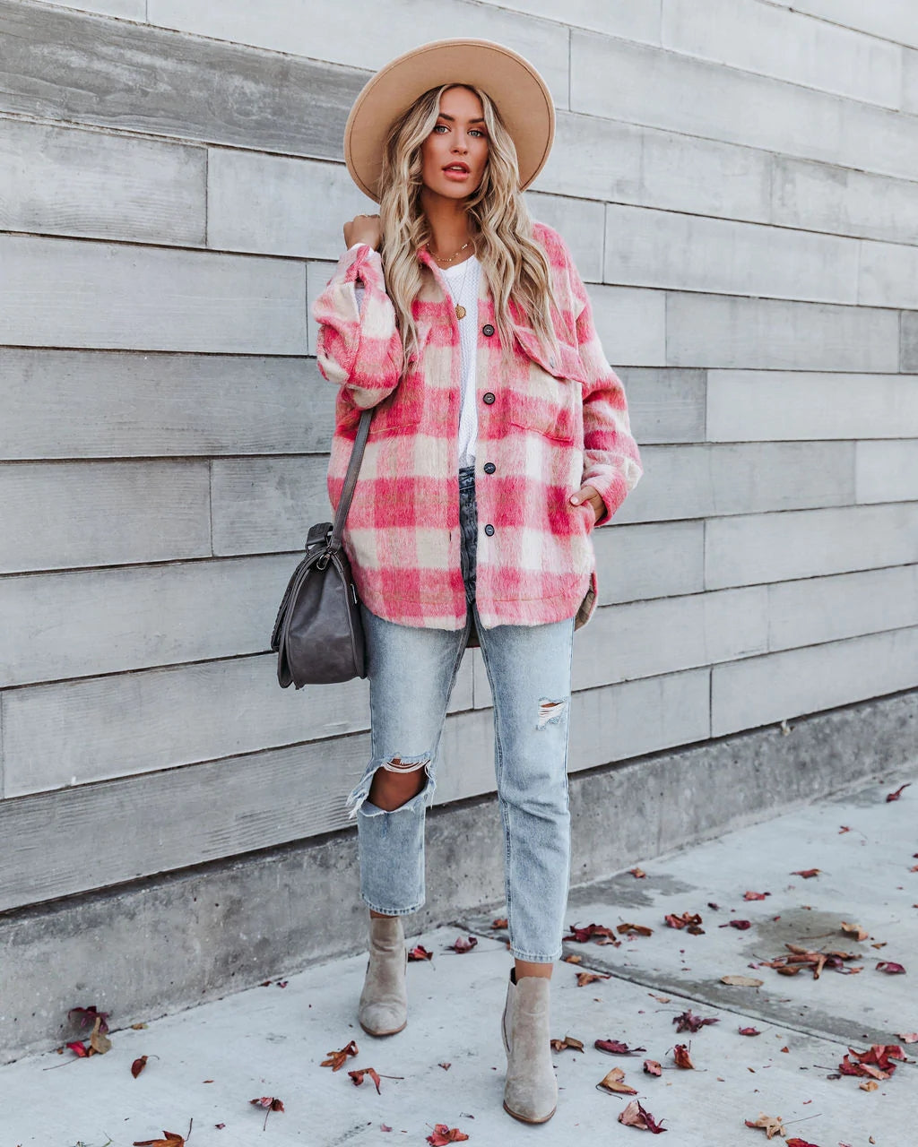 Pink Plaid Print Buttoned Coat