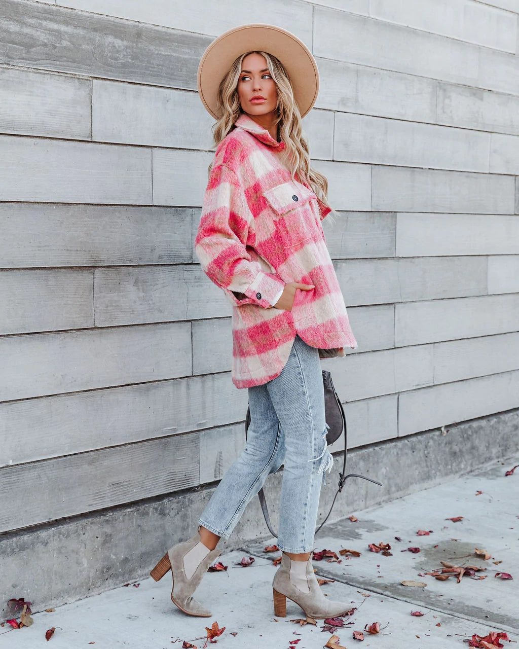 Pink Plaid Print Buttoned Coat