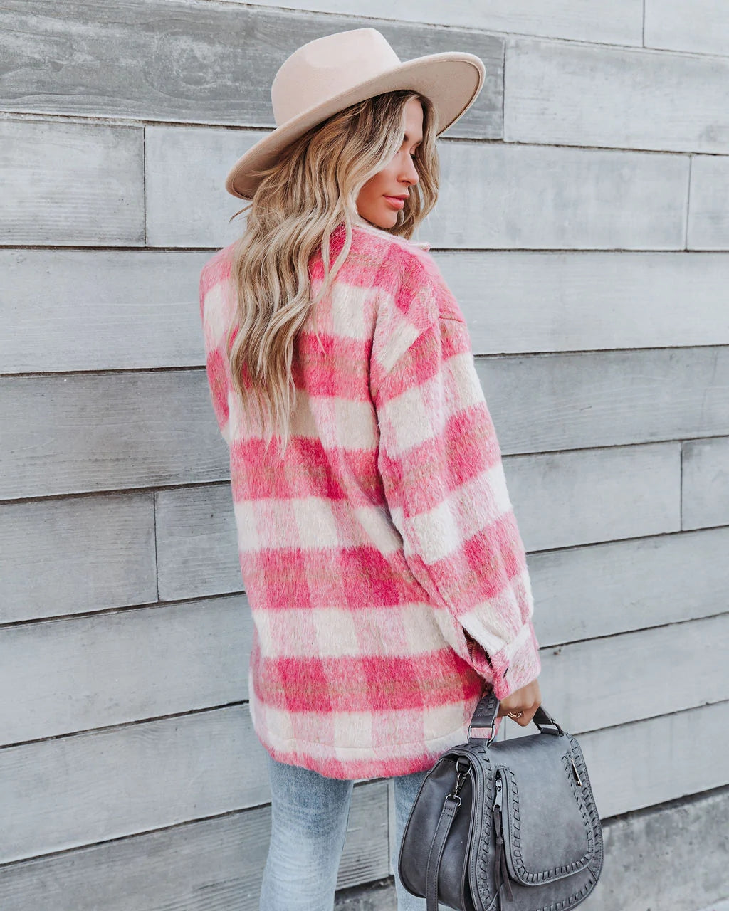 Pink Plaid Print Buttoned Coat