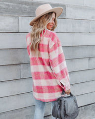 Pink Plaid Print Buttoned Coat