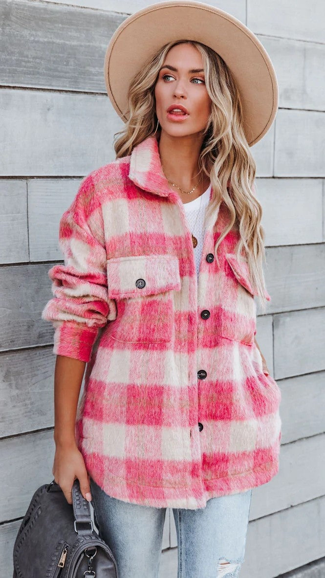 Pink Plaid Print Buttoned Coat