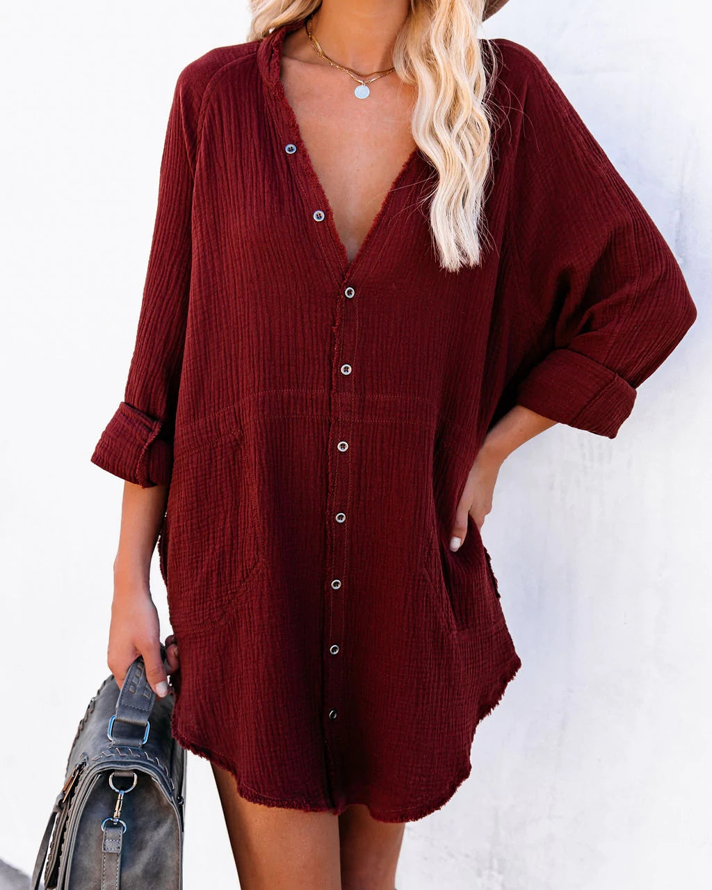 Wine Button Down Tunic Dress