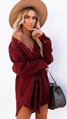 Wine Button Down Tunic Dress