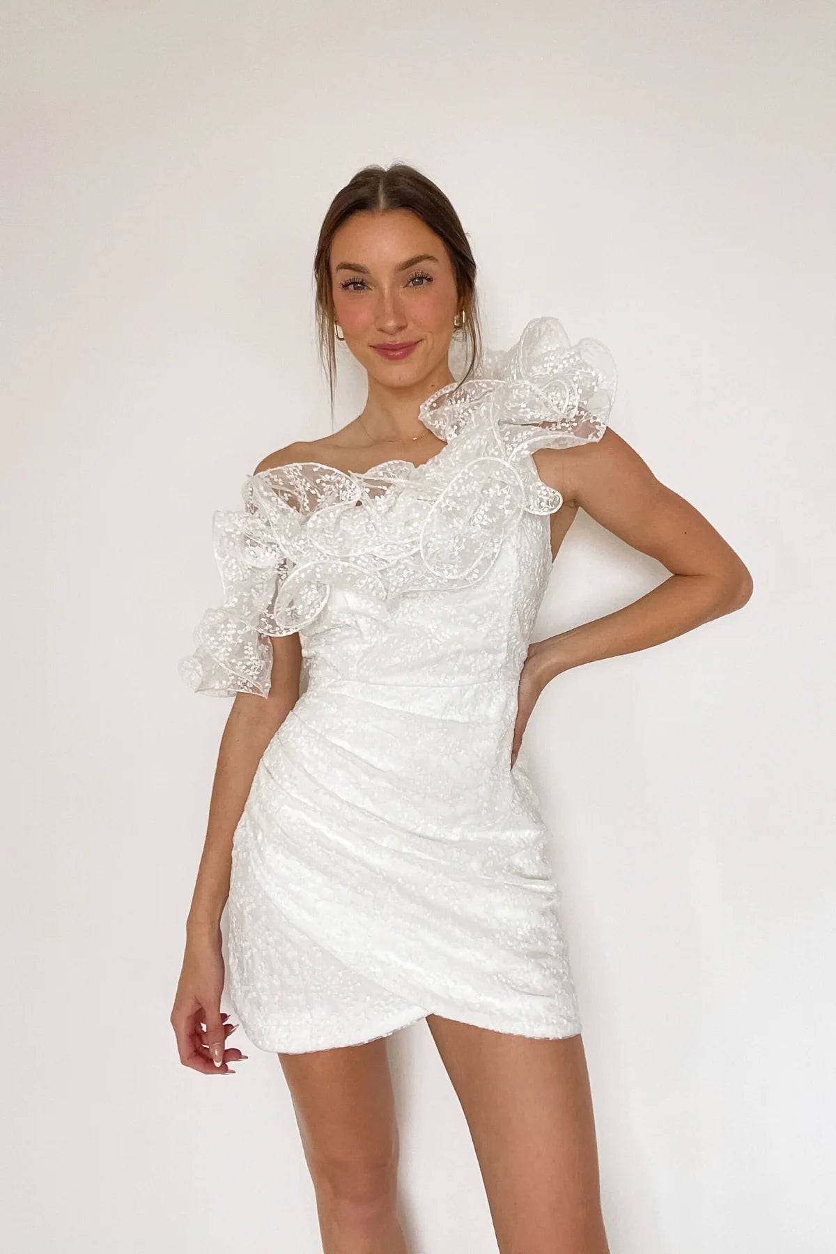 White Ruffled Shoulder Mini Dress