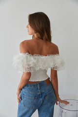 White Ruffled Off Shoulder Crop Top