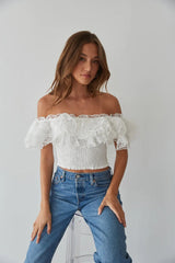 White Ruffled Off Shoulder Crop Top