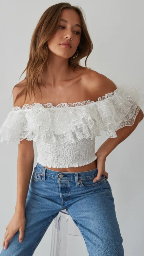 White Ruffled Off Shoulder Crop Top