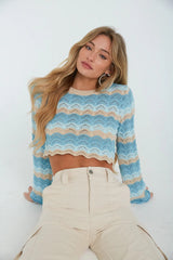 Blue Striped Crochet Knit Crop Top