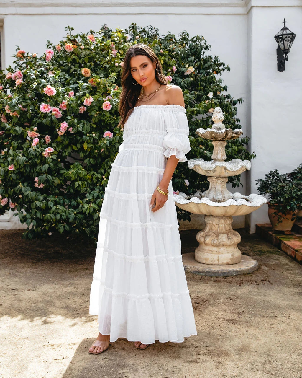 White Off Shoulder Tiered Maxi Dress