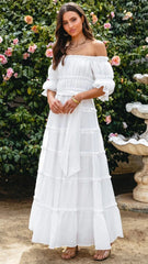 White Off Shoulder Tiered Maxi Dress